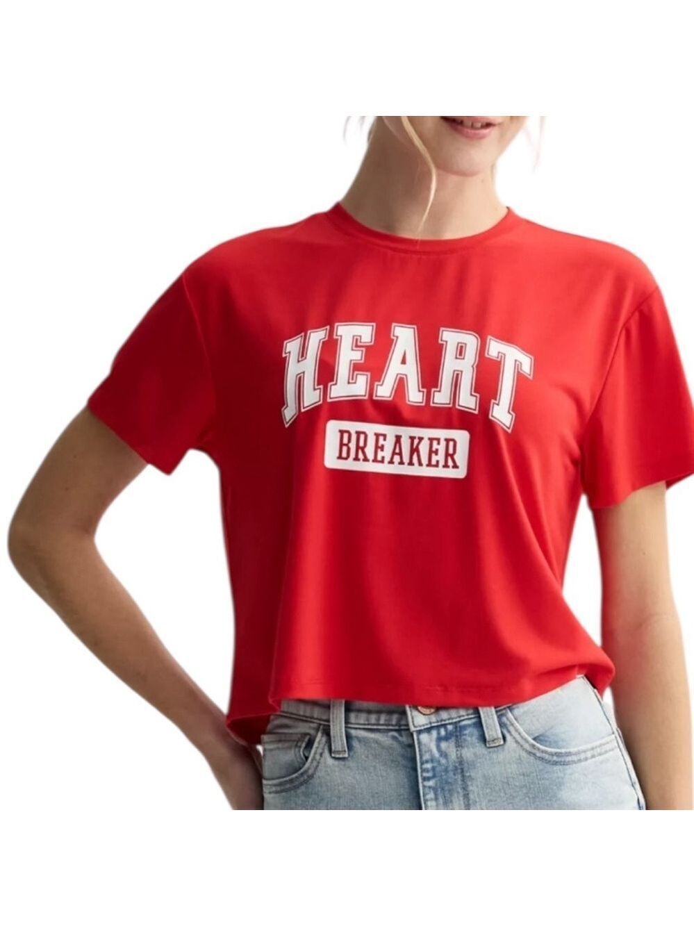 Heart Breaker Cropped Tee Crewneck Short Sleeve Red and White Junior Size S